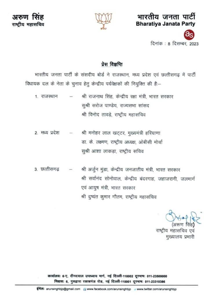 बीजेपी ने मध्यप्रदेश, राजस्थान और छत्तीसगढ़ में पर्यवेक्षकों के नाम का किया ऐलान .. Kshiti Technologies बीजेपी ने मध्यप्रदेश, राजस्थान और छत्तीसगढ़ में पर्यवेक्षकों के नाम का किया ऐलान .. Kshiti Technologies
