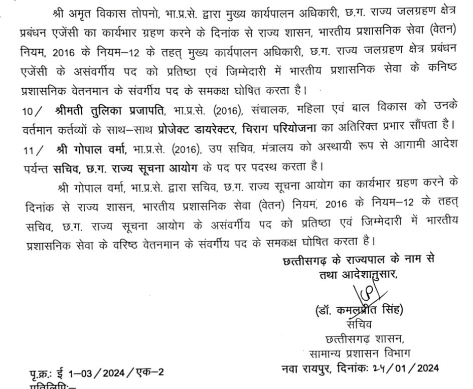 बड़ी खबर: राज्य शासन द्वारा भारतीय प्रशासनिक सेवा के अधिकारियों के नवीन पदस्थापना के आदेश हुए जारी .. Kshiti Technologies