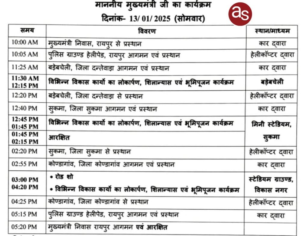 मुख्यमंत्री विष्णु देव साय 13 जनवरी को दंतेवाड़ा, सुकमा और कोण्डागांव के दौरे पर रहेंगे .. Kshiti Technologies मुख्यमंत्री विष्णु देव साय 13 जनवरी को दंतेवाड़ा, सुकमा और कोण्डागांव के दौरे पर रहेंगे .. Kshiti Technologies
