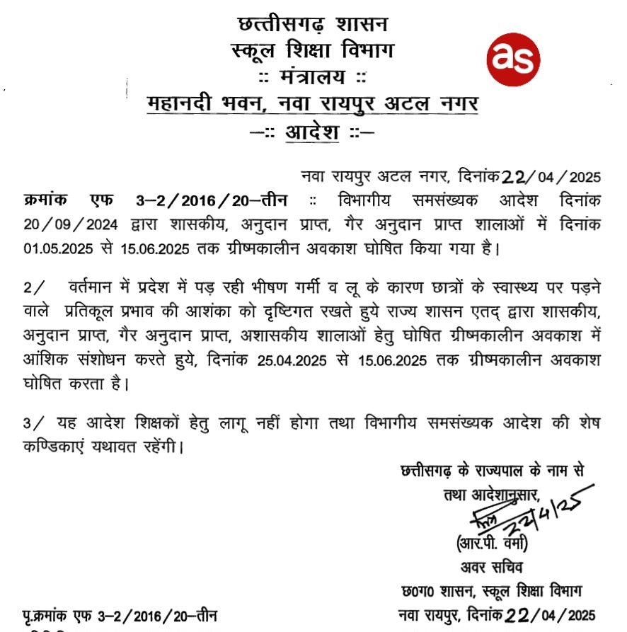 प्रदेश में लगातार बढ़ती गर्मी और लू की स्थिति को देखते हुए 25 अप्रैल से 15 जून तक ग्रीष्मकालीन अवकाश घोषित .. Kshiti Technologies प्रदेश में लगातार बढ़ती गर्मी और लू की स्थिति को देखते हुए 25 अप्रैल से 15 जून तक ग्रीष्मकालीन अवकाश घोषित .. Kshiti Technologies